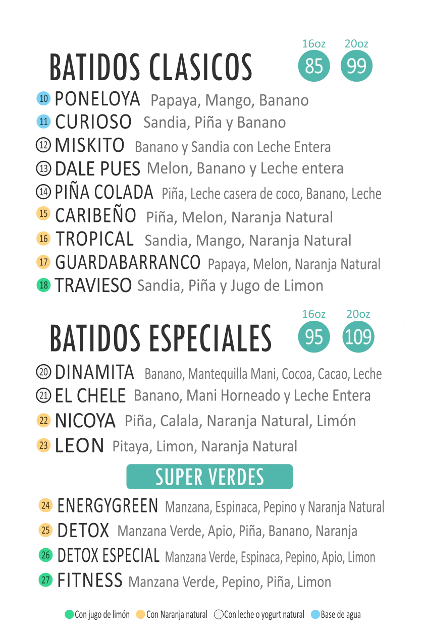 Menu batidos Pitaya