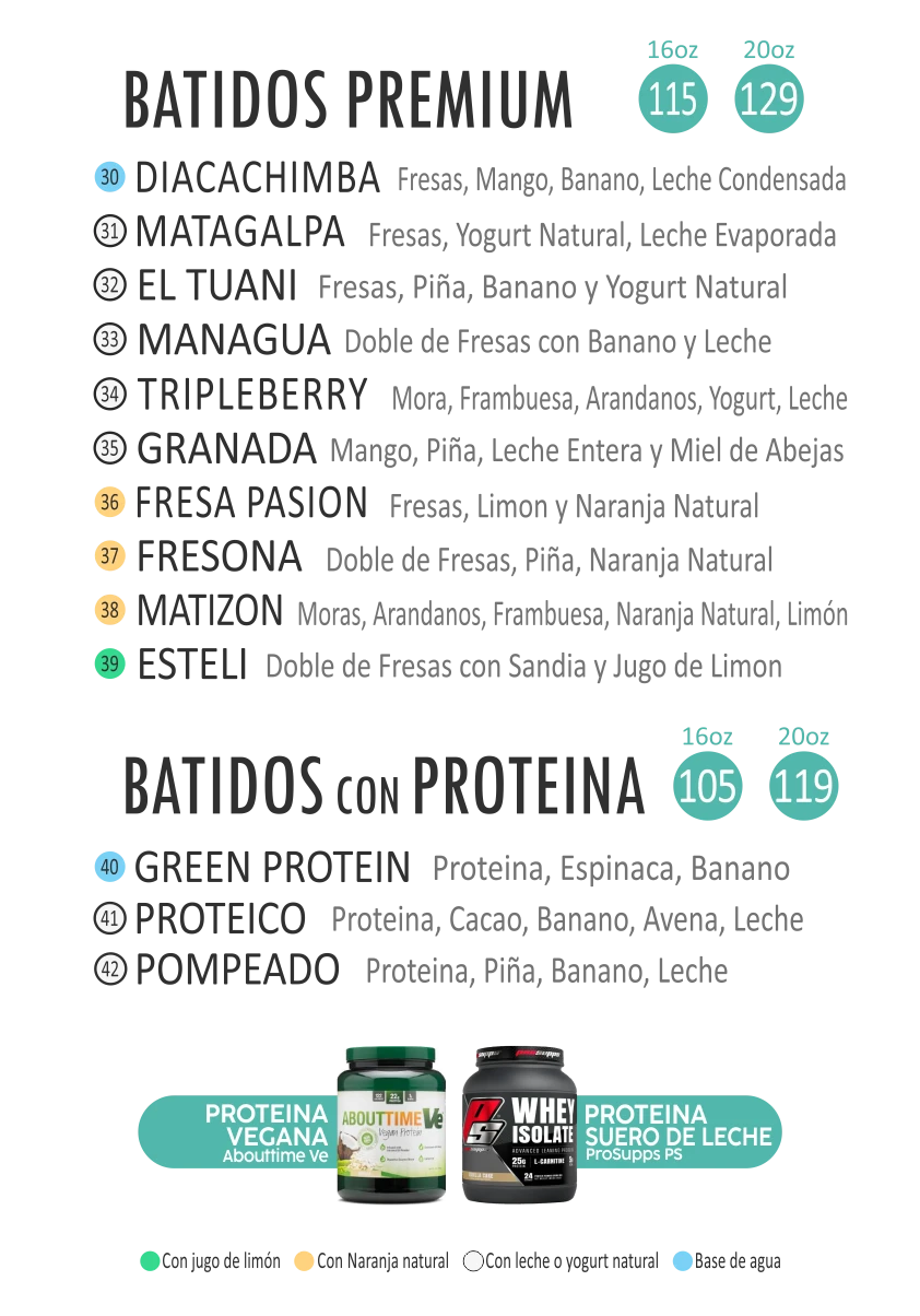 Menu batidos Pitaya